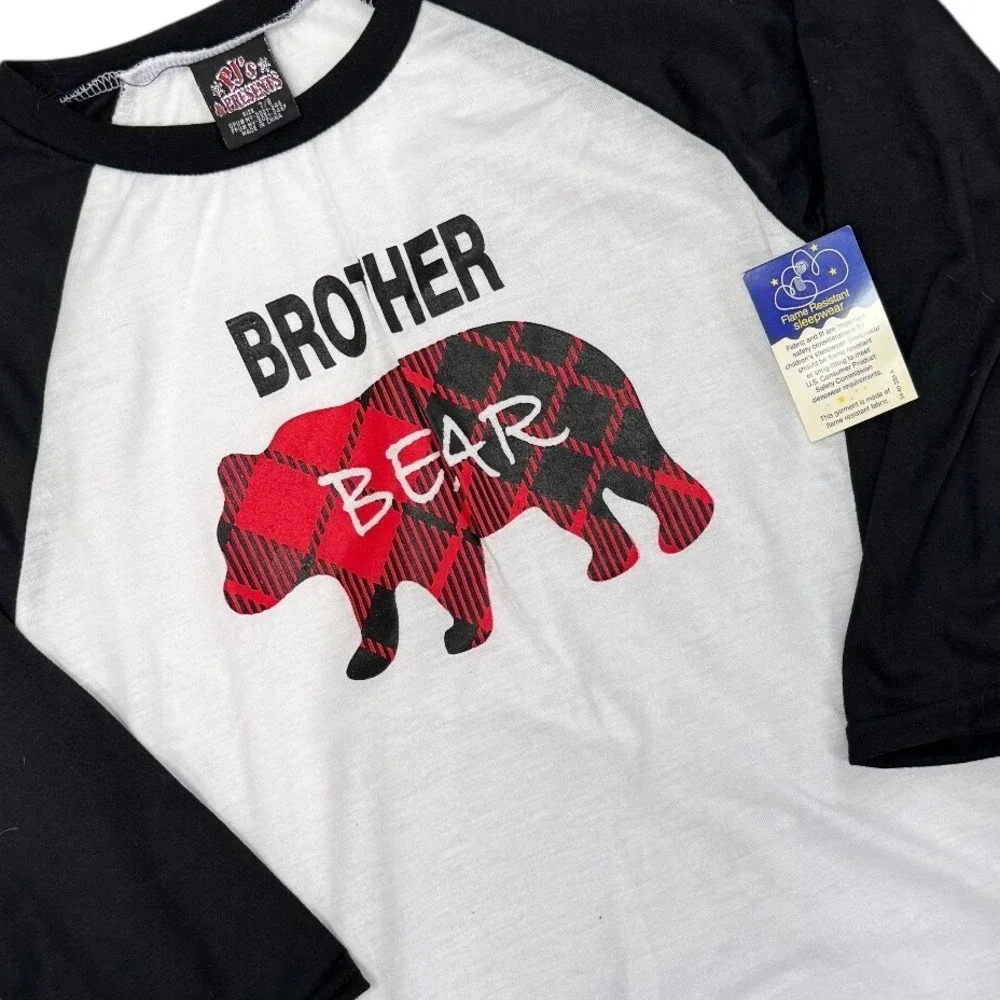 PJ's & Presents Kids Brother Bear Pajama Top Black White Buffalo Plaid Size 7/8